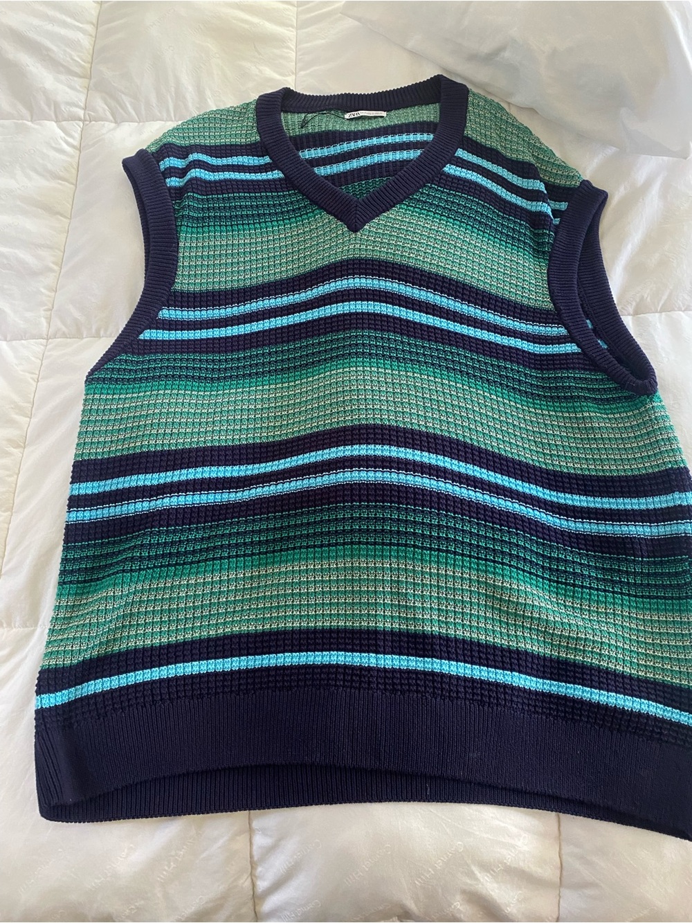 Zara Men's V-Neck Sweater Vest in Green & Navy with Teal Stripes